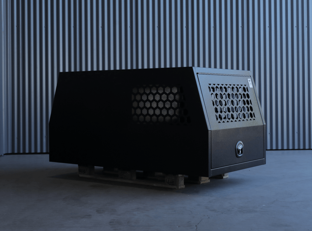 Apboxes 1000mm 1-2 dog box canopy in black, offering safe and secure transport for pets.