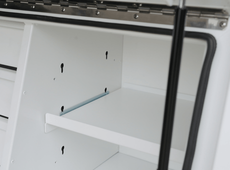 Close-up of the Australian Performance Boxes white 1200mm gullwing toolbox, highlighting its drawers and construction.