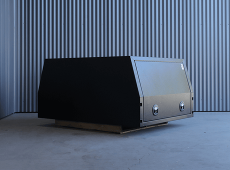 Apboxes 1200mm jack-off gullwing canopy in black, featuring a sleek finish and robust construction.