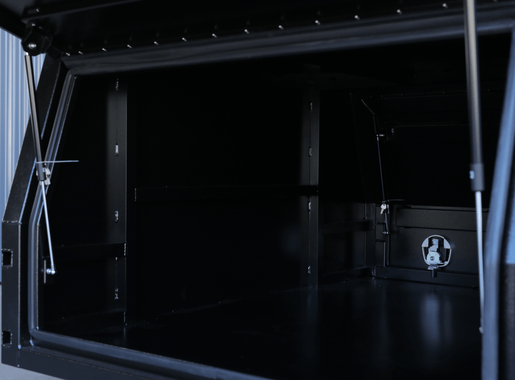 Side angle of apboxes 1200mm black jack-off gullwing canopy, highlighting its bracing system.