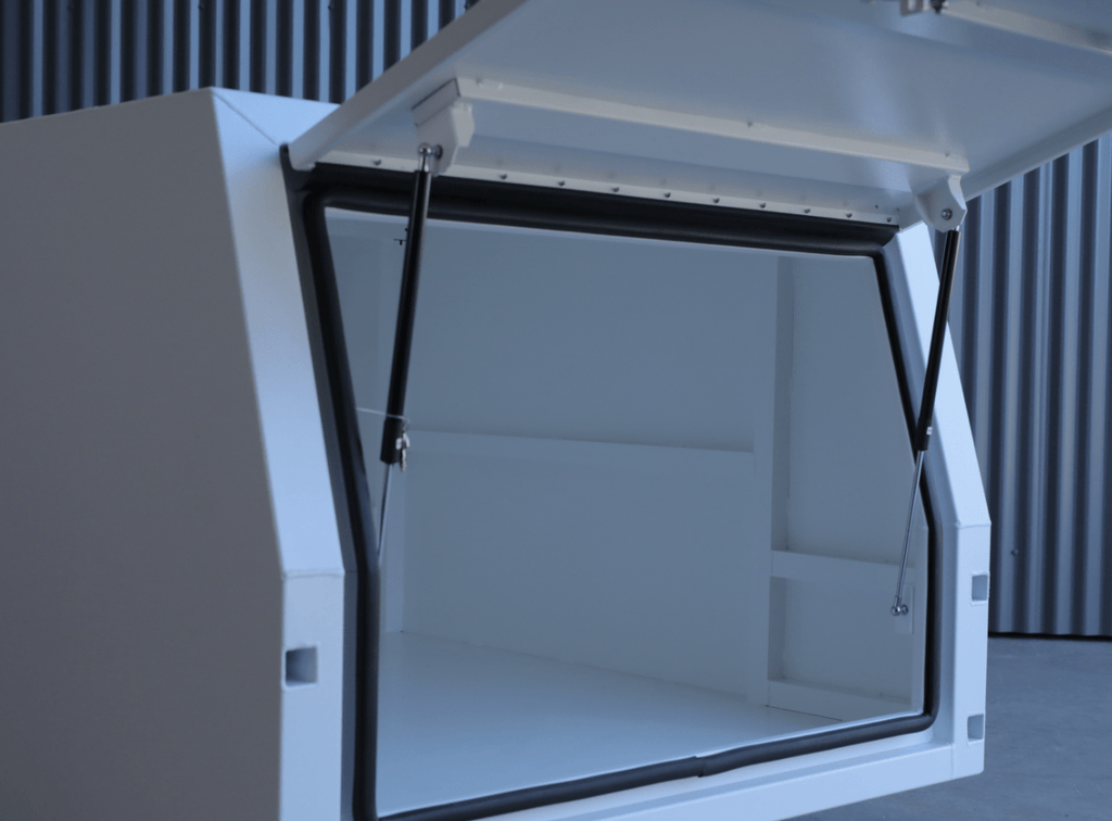 Apboxes 1200mm jack-off gullwing canopy in white, designed for secure and versatile vehicle storage.