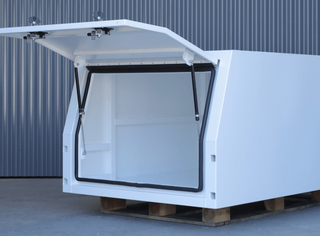 Interior view of apboxes 1200mm white jack-off gullwing canopy, offering ample space and accessibility.