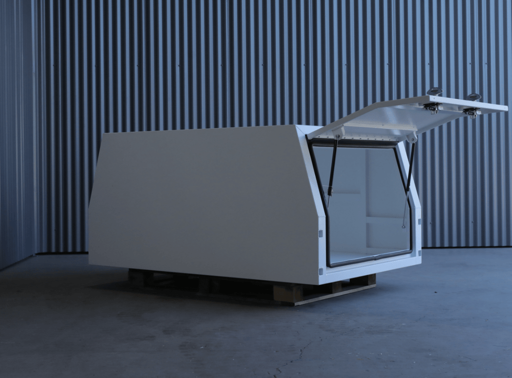 Side view of apboxes 1200mm white jack-off gullwing canopy, engineered for durability and functionality.