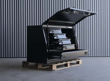 Australian Performance Boxes 1400mm black gullwing toolbox with five drawers, shown front-facing with lid open.