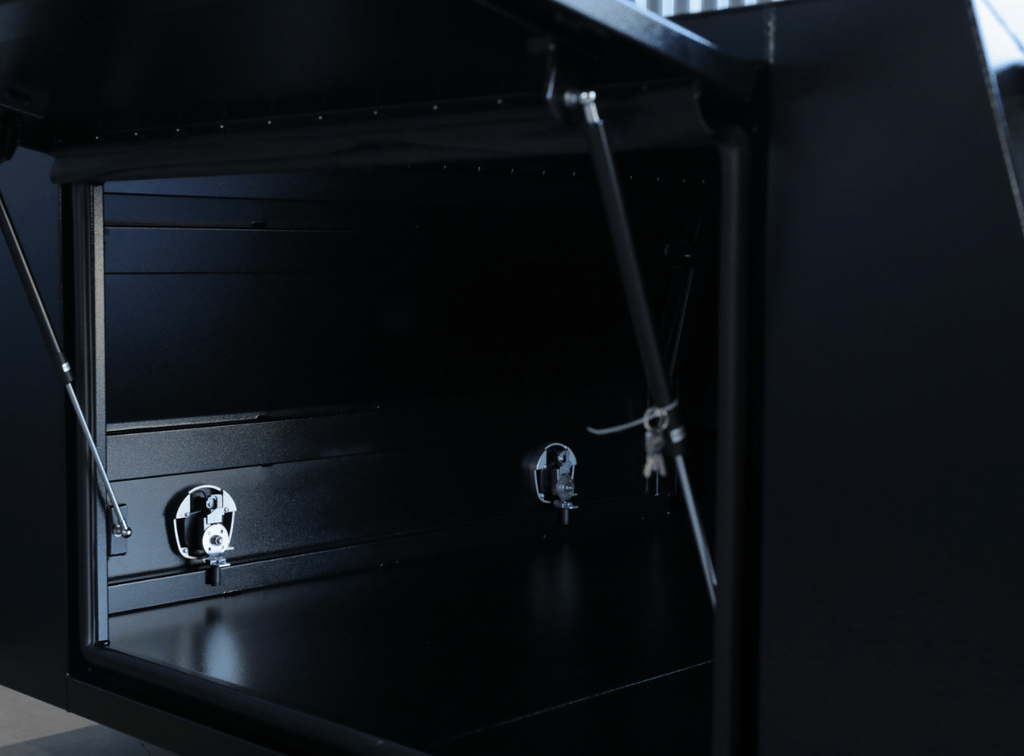Apboxes 1800mm jack-off 3-door gullwing canopy in black, engineered for security and versatility.
