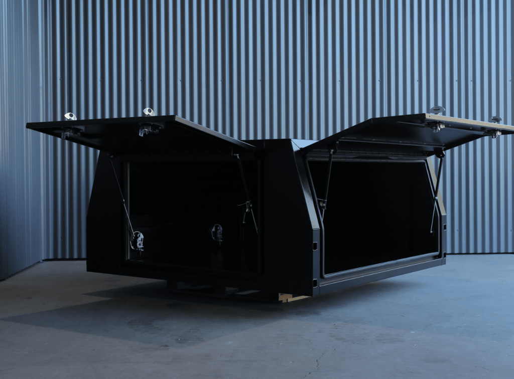 Side angle of apboxes 1800mm black 3-door jack-off gullwing canopy, perfect for all vehicle setups.