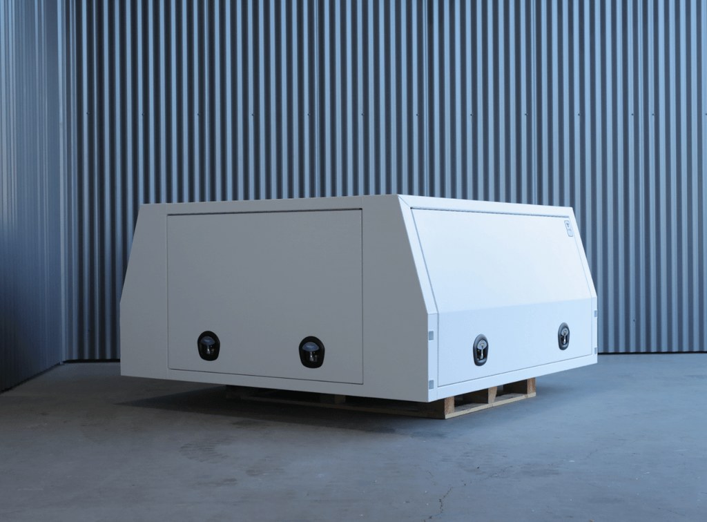 Apboxes 1800mm 3-door jack-off gullwing canopy in white, perfect for secure and spacious vehicle storage.