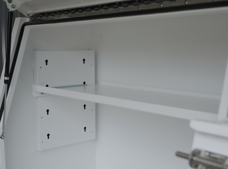 Interior view of Apboxes 1800mm white 3-drawer gullwing toolbox focusing on compartments.
