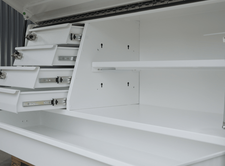Apboxes 1800mm white 5-drawer gullwing toolbox, shown from an angle open.