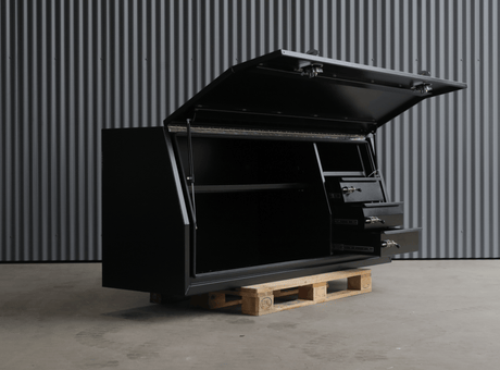 Apboxes 2100mm black 3-drawer gullwing toolbox, shown open with drawers extended on a pallet.
