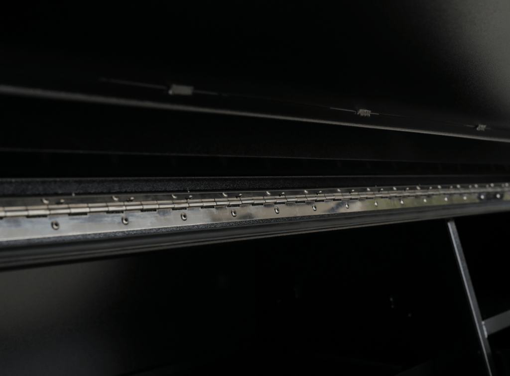 Apboxes 2100mm black 3-drawer gullwing toolbox, close-up angled view of the aluminum toolbox interior.