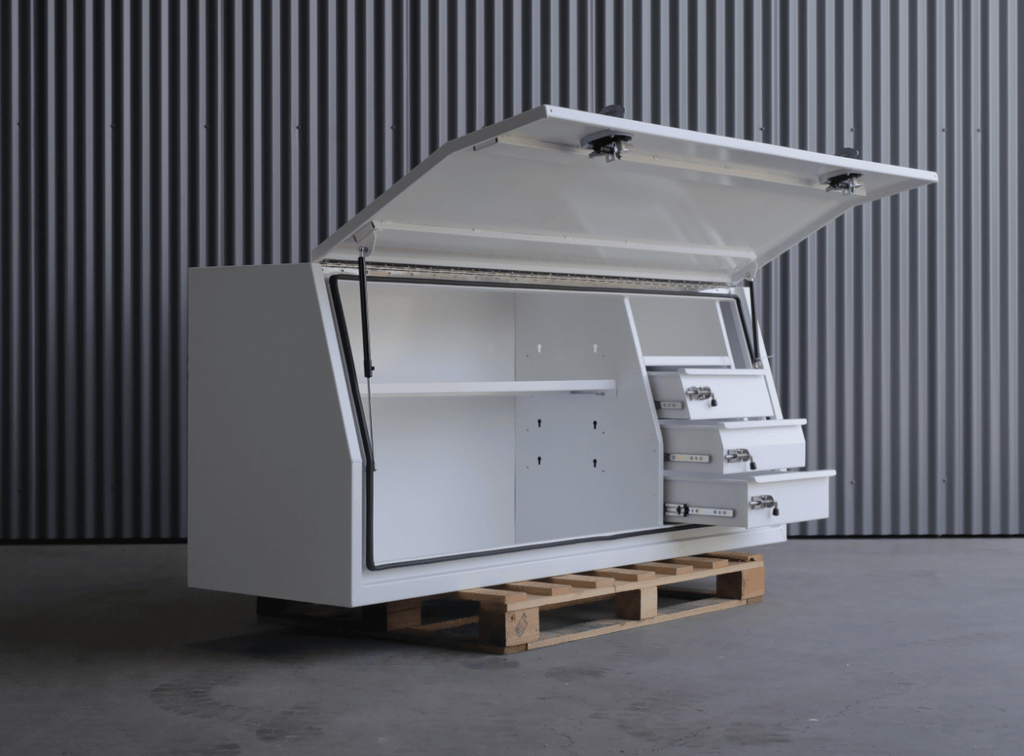 Apboxes 2100mm white 3-drawer gullwing toolbox, open with drawers visible, displayed on a pallet.