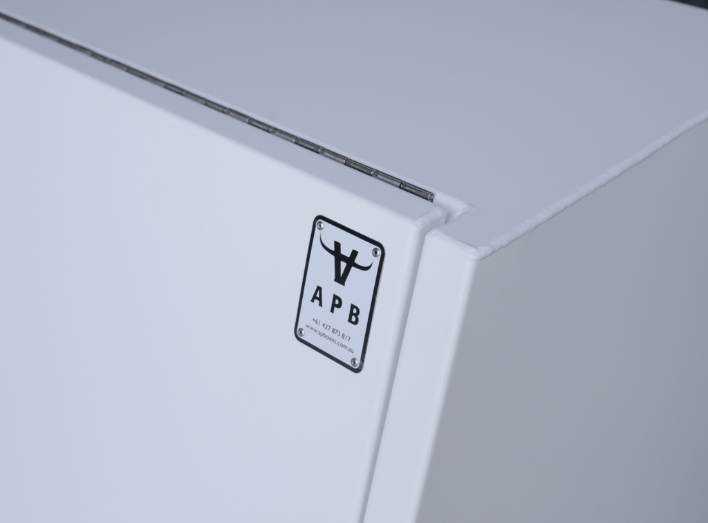 Apboxes 2100mm white 3-drawer gullwing toolbox, shown in a closed position from a front angle.