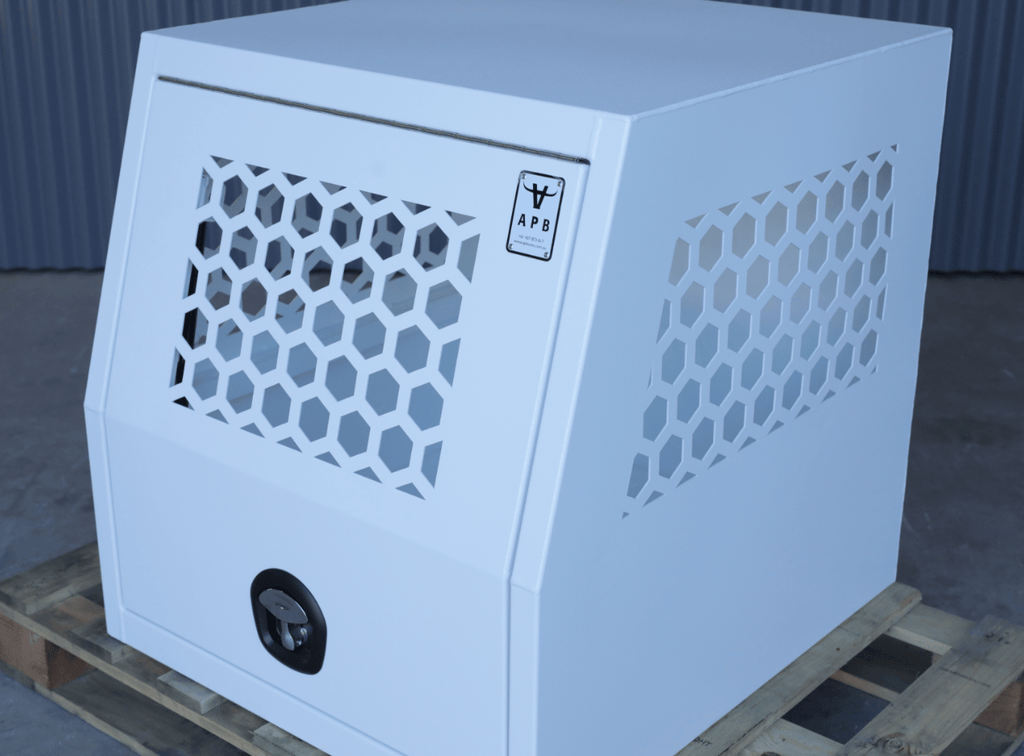 Close-up of apboxes 800mm dog transport box in white, ideal for keeping dogs safe during travel.