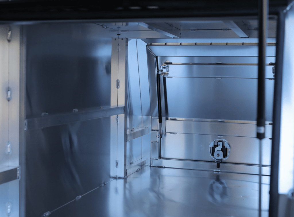 Apboxes 800mm aluminium gullwing canopy in alloy finish, perfect for secure and efficient vehicle storage solutions.