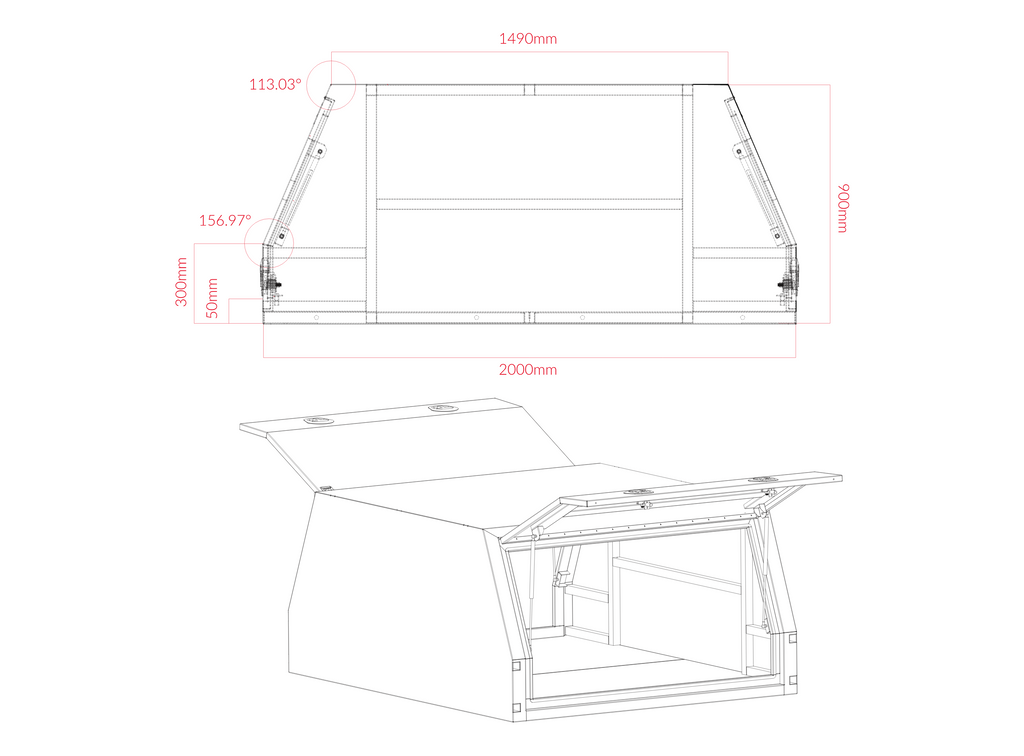 Technical drawing of utility canopy showing measurements. the boxes are detailed in black outlines against a white background.
