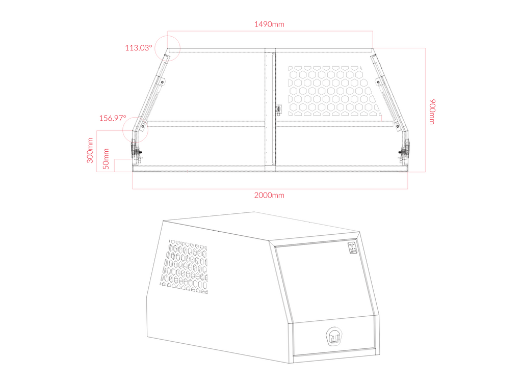 Technical drawing of utility canopy showing measurements. the boxes are detailed in black outlines against a white background.