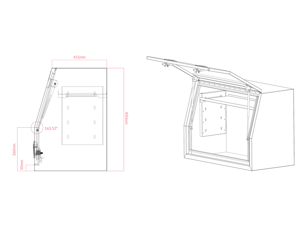 Technical drawing of utility canopy toolboxes with open doors, showing internal compartments and drawers. the boxes are detailed in black outlines against a white background.