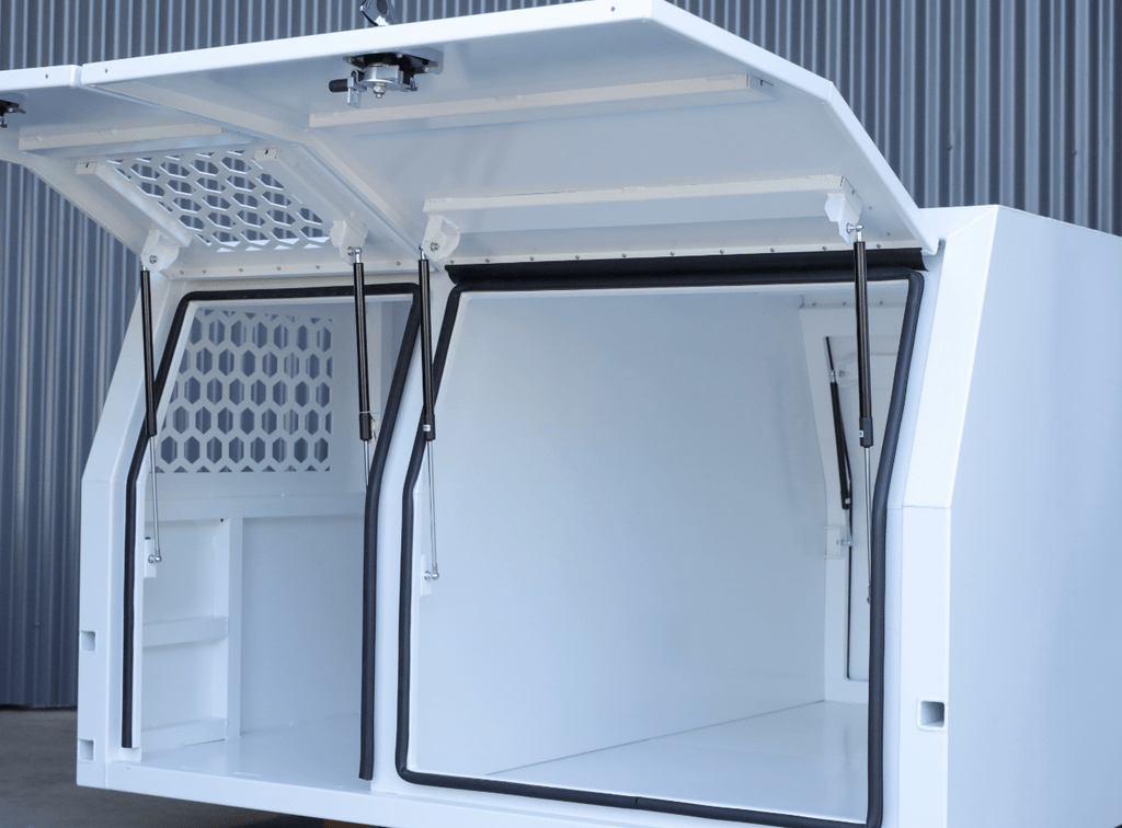 Apboxes lc79 1700mm full dog box canopy in white, shown with doors open to display the spacious interior.